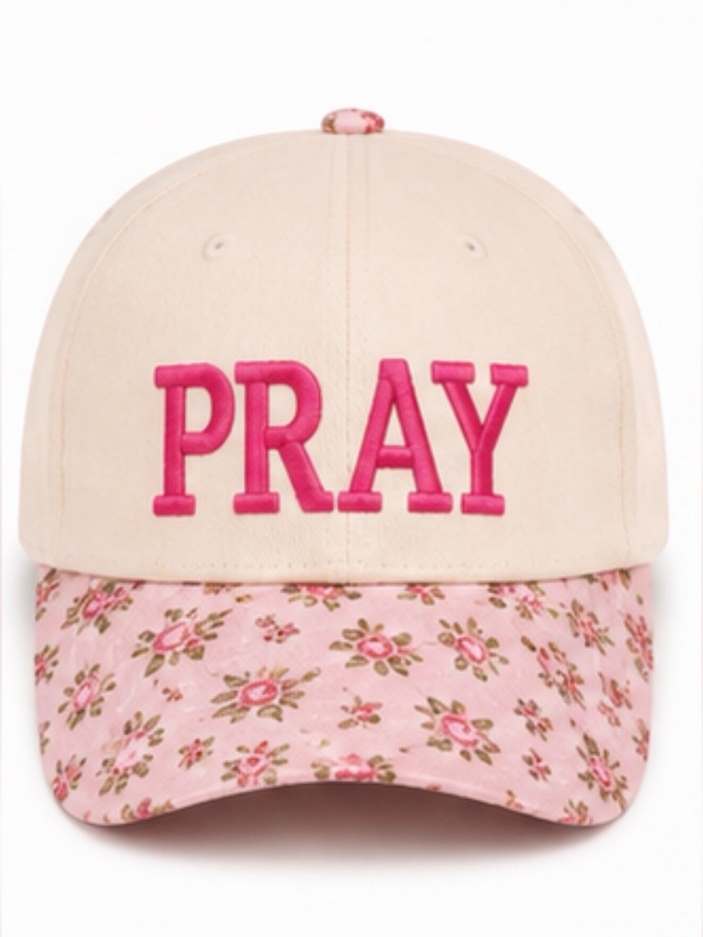 “Pray” Embroidered Trucker Hat | Cream Pink Ditsy Floral Faith Cap NWT